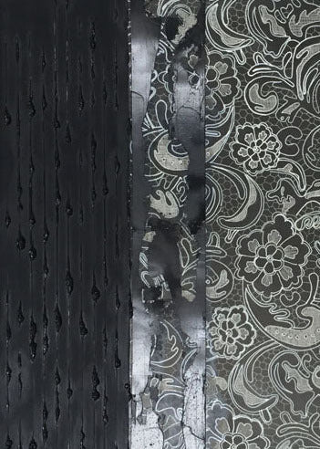 A framed abstract art painting featuring textured black striped paint on the sides and a central vertical section with a whie- floral scroll pattern.