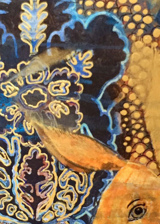 Close-up of a colourful artwork featuring a stylised fish in warm orange and gold tones against a dark navy background with blue, gold, and purple ornamental patterns.