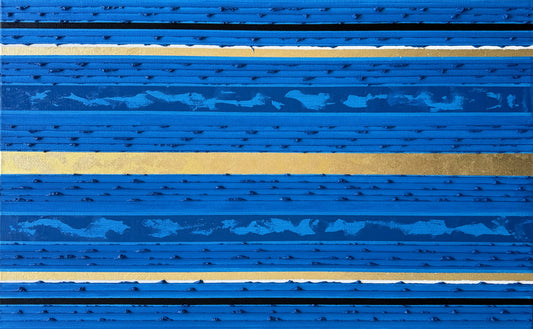 A manganese blue textured oil painting horizontal metallic gold stripes.