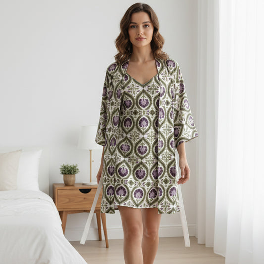 Kimono Silk Robe - Wreath Acanthus Purple and Green