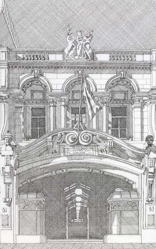 Detailed architectural drawing of a Burlington Arcade building facade with decorative elements.