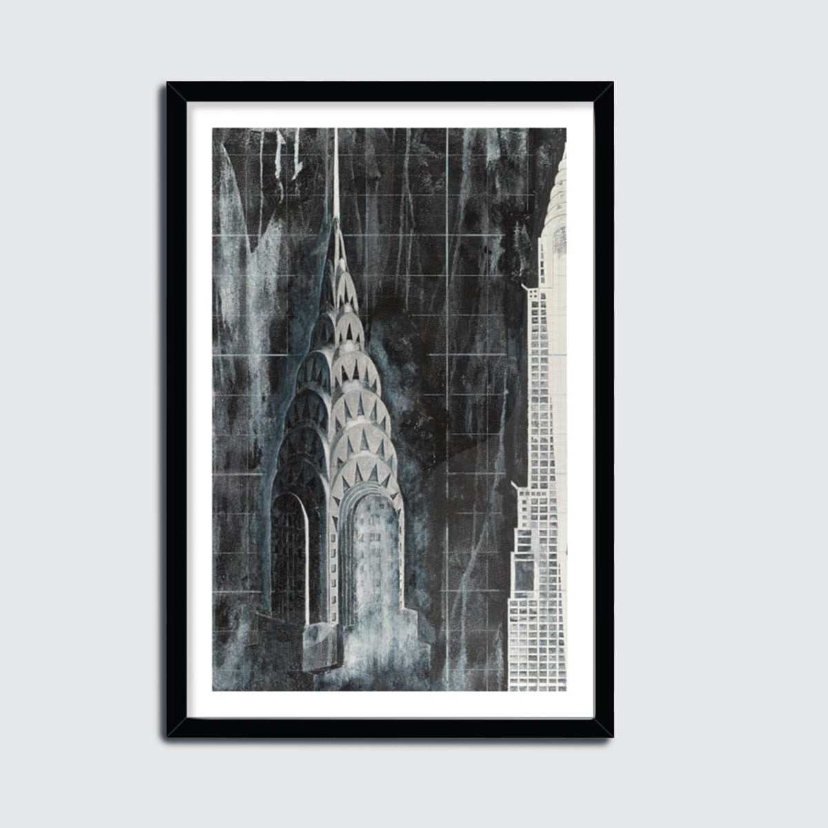 Framed artwork of the Chrysler Building in the cityscape with architectural details.