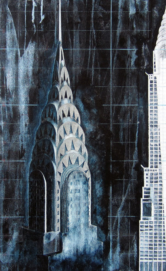 Artistic depiction of a Chrysler Building skyscraper with architectural details on a dark background