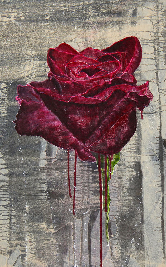 Artistic depiction of a red rose with a textured gray background