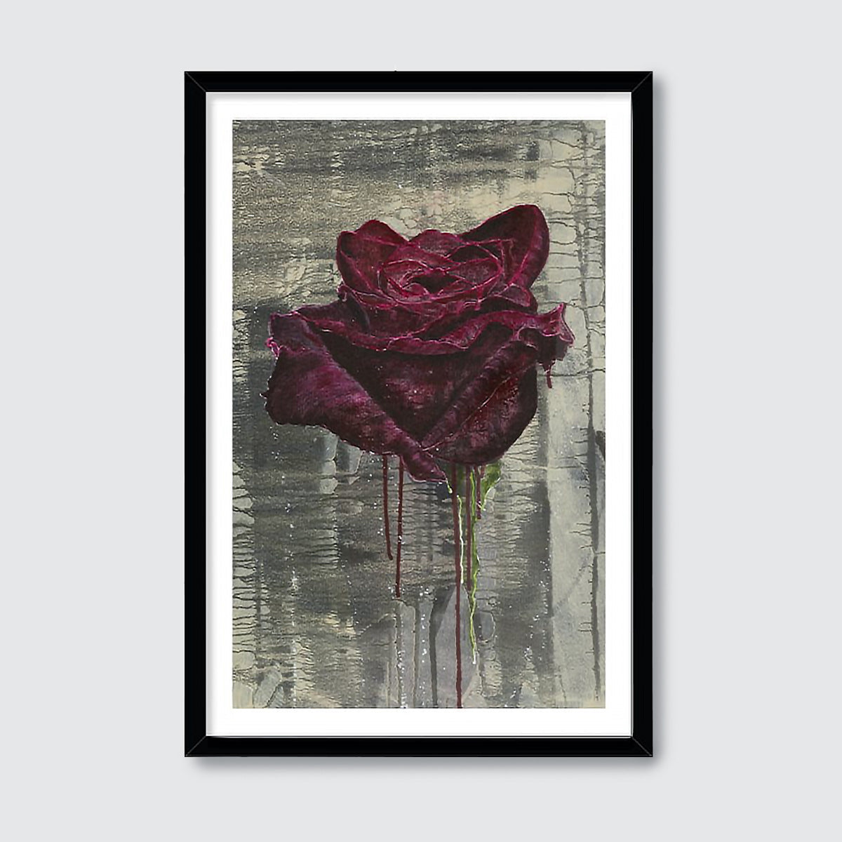 Framed artwork of a dark red rose on a textured gray background