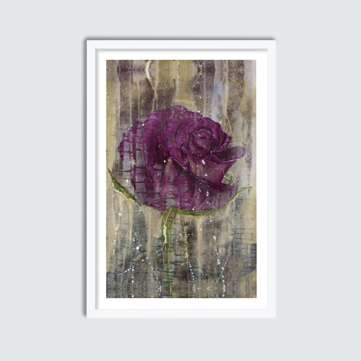 Framed artwork of a purple rose on a textured background