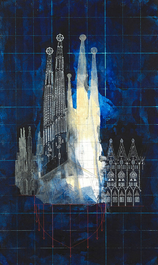 Artistic depiction of the Sagrada Familia cathedral with a blue grid background