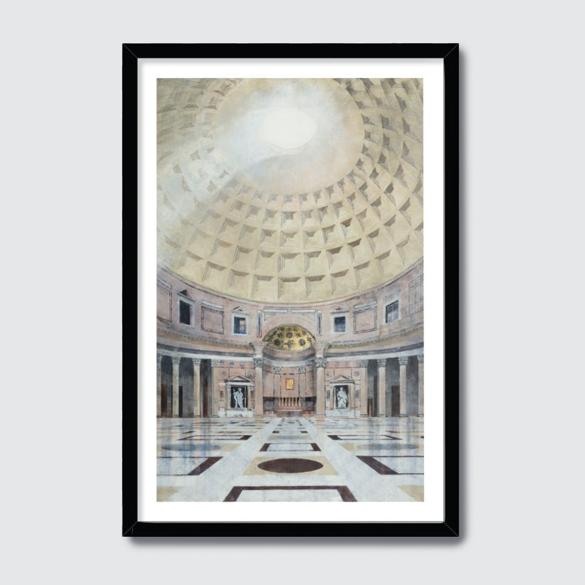 Framed artwork of the Pantheon interior with a dome and marble floor.