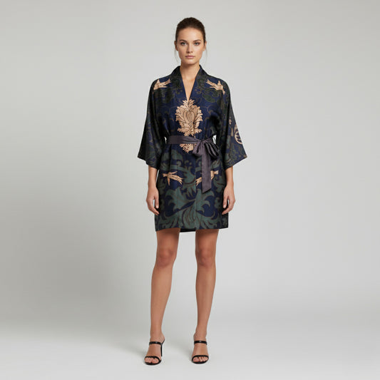 Kimono Silk Robe - Blue and Green Damask