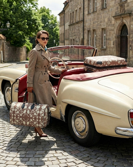 Woman in trench coat with vintage car and with matching mocha and white floral pattern duffle bag and suitcase on cobblestone street