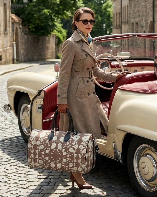 Duffle Bag - White Flowers on Mocha