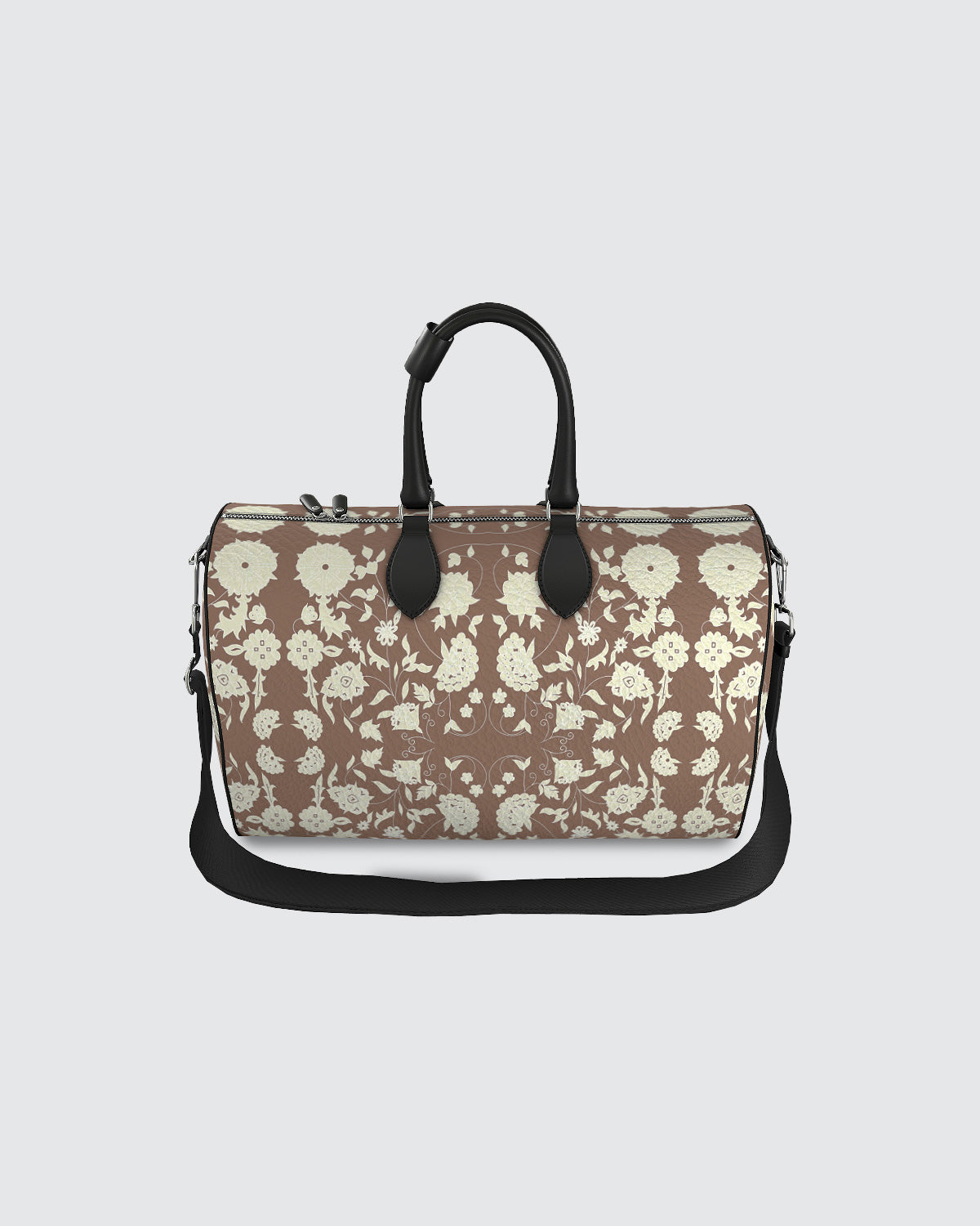 Duffle bag with white floral pattern on mocha background.
