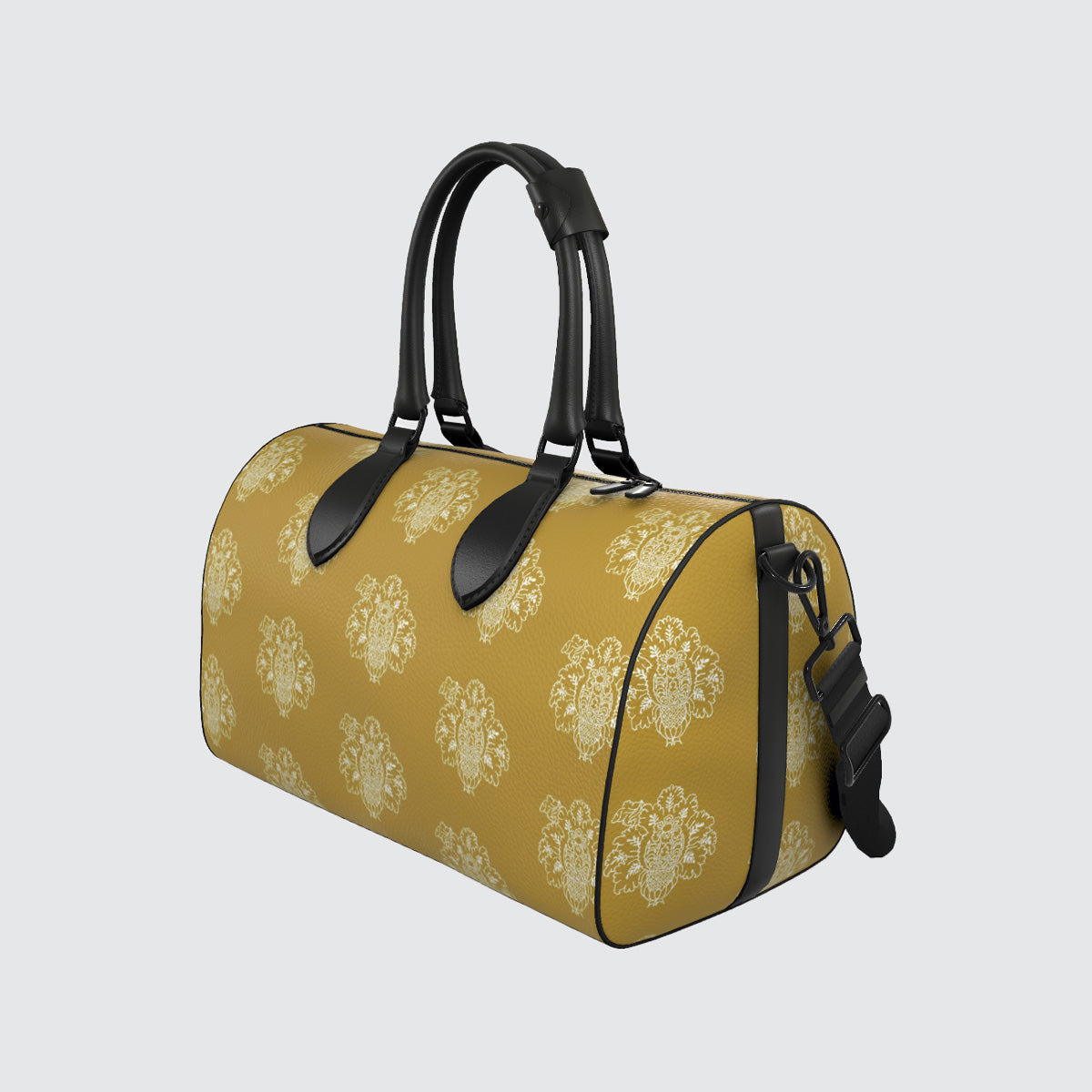 Mustard Yellow with damask pattern duffel bag with black handles and strap.