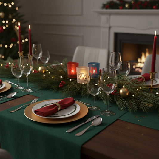 Three colorful glass tealight candle holders in red white and blue with dragon designs on a decorated Christmas table.