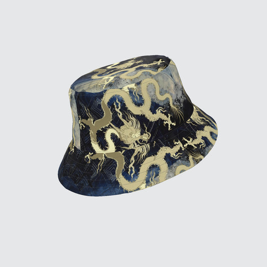 Bucket hat with gold dragon design.