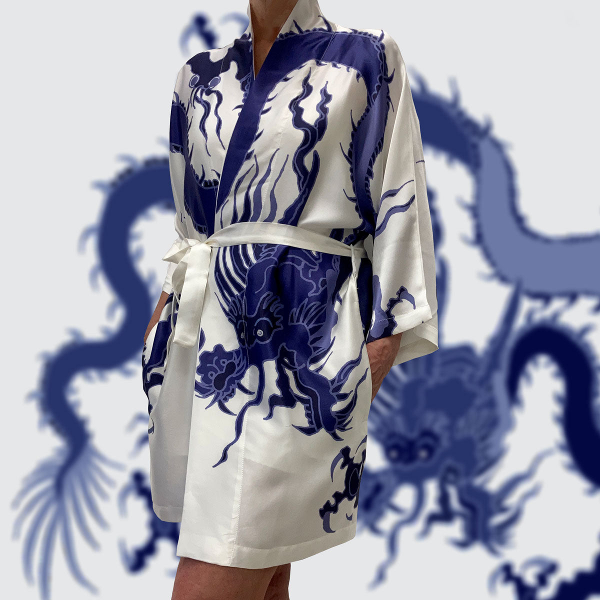 Kimono Silk Robe - Blue Dragon On White