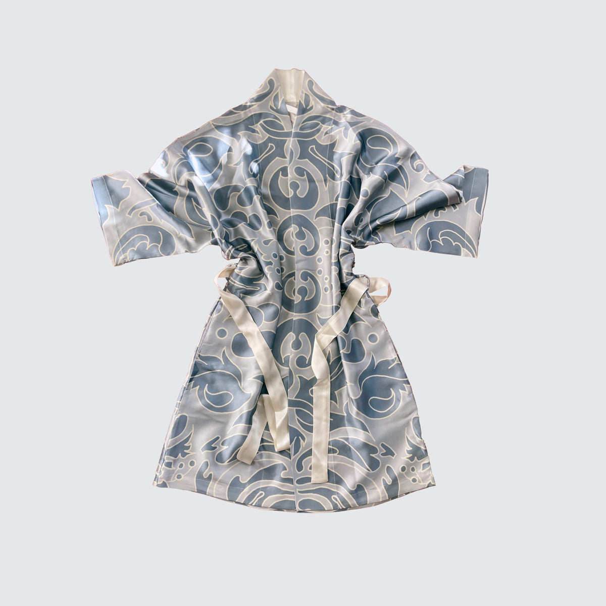 Kimono Silk Robe - Hummingbird Damask Blue On Blue