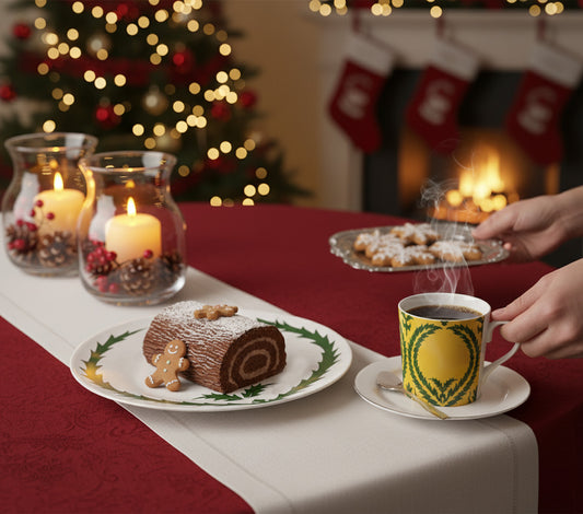 christmas nutcracker dining plate and yellow mug with wreath