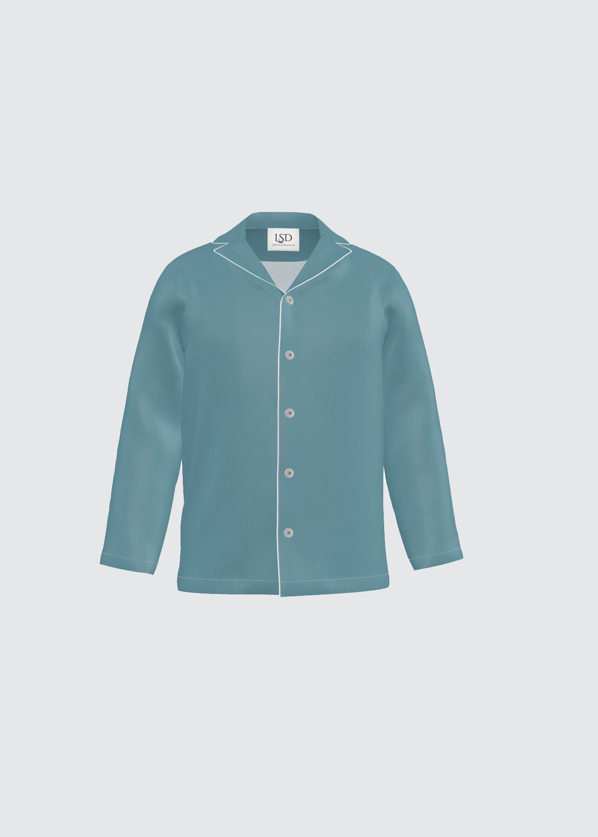 Teal silk pyjama top for men on a light gray background.
