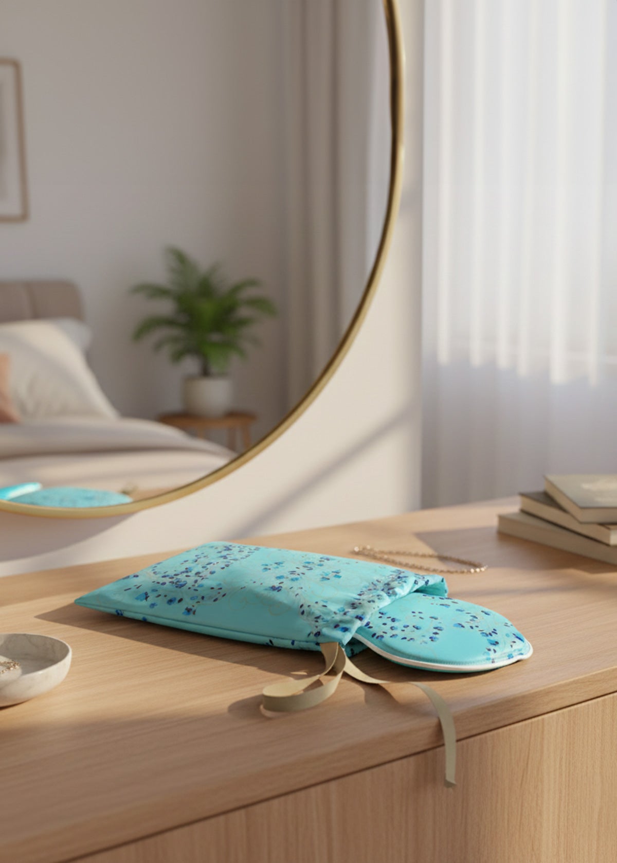 Turquoise silk sleep mask in its matching cloth bag on a wooden surface with a bedroom in the background.