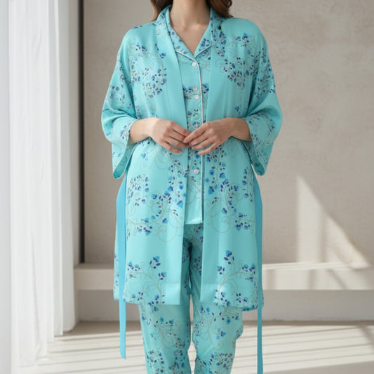 Kimono Silk Robe - Turquoise With Fibonacci Floral Design