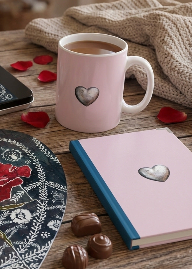 Pink mug with heart design on a wooden table with a notebook, chocolates, and rose petals.