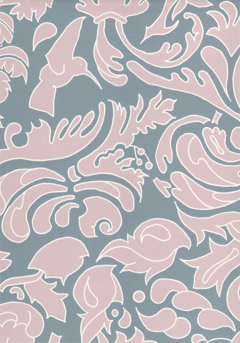 Wallpaper Hummingbird Damask Pink Sage - £37.50 per sq metre