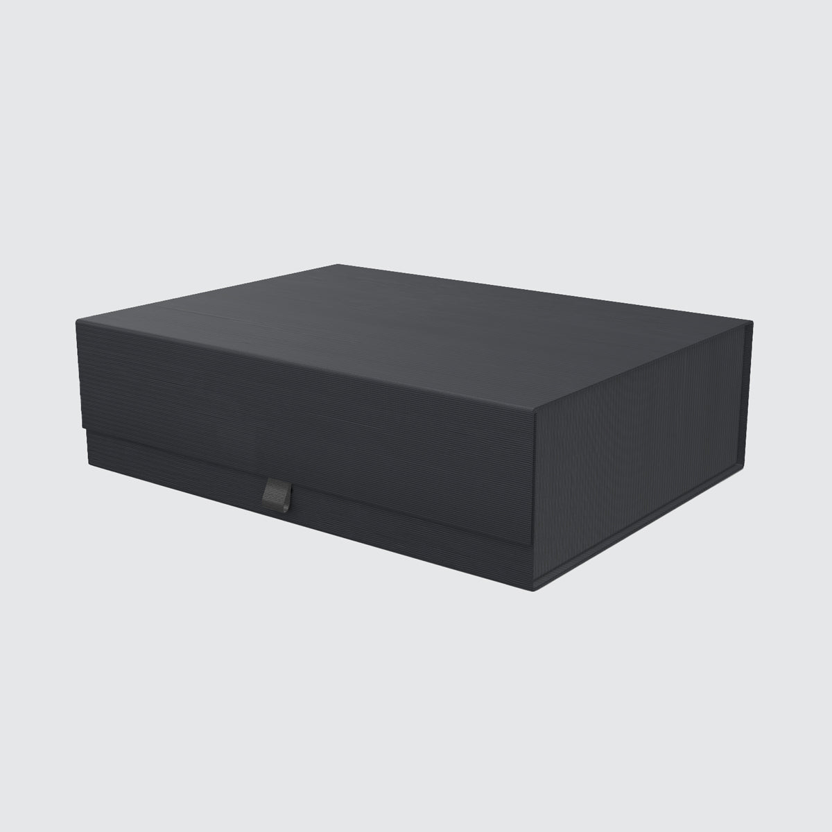 Black rectangular gift box on a light gray background.