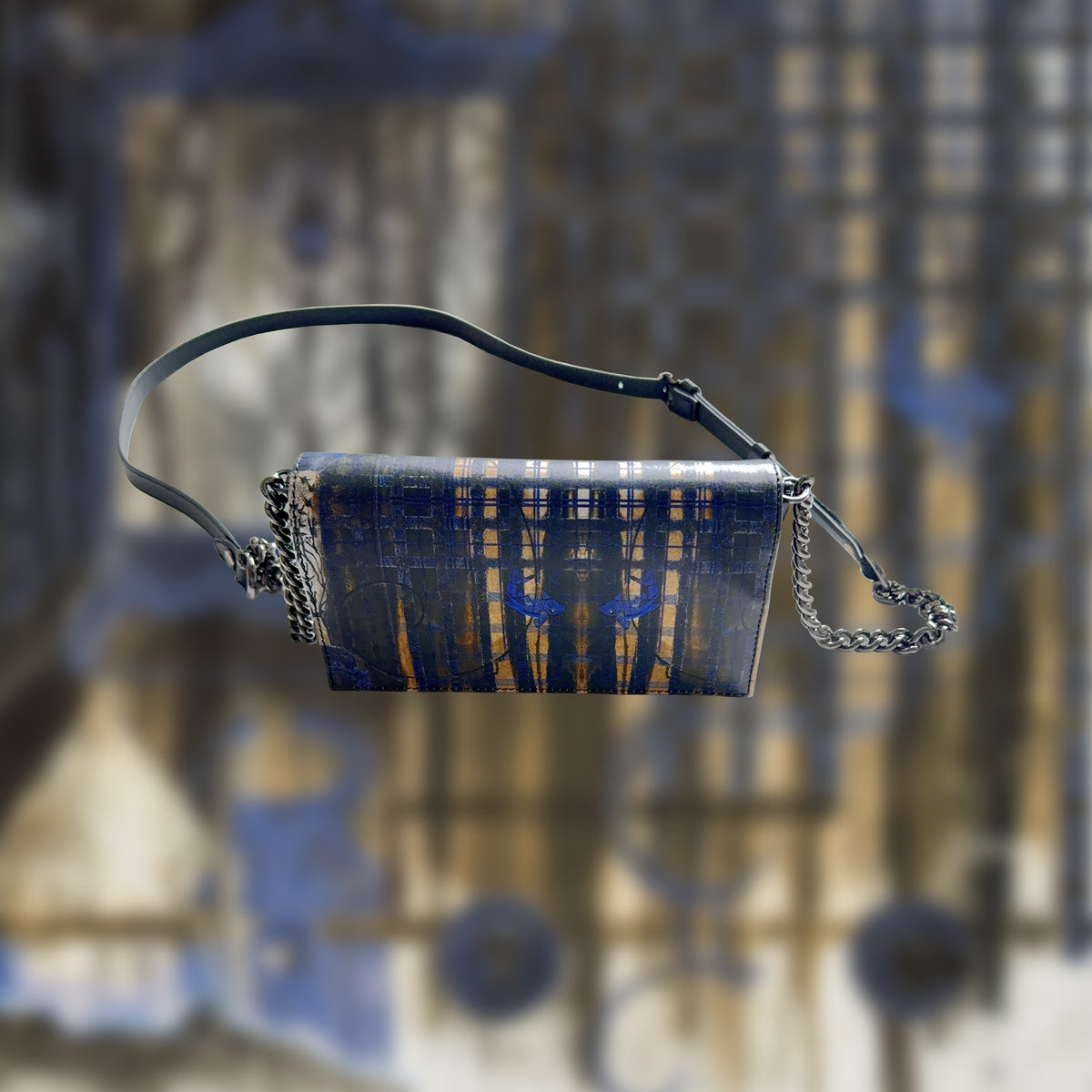 Leather Evening Handbag With Blue Koi And Tartan