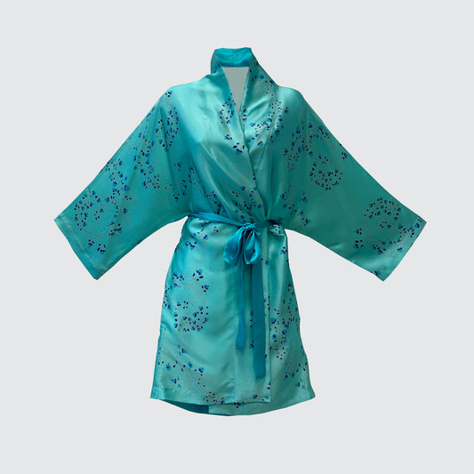 Silk Kimono turquoise with fibonnacci curve flowers