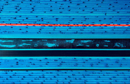 Abstract textured artwork featuring horizontal bands of bright blue, cyan, black, and a vivid red-orange line running across the center.
