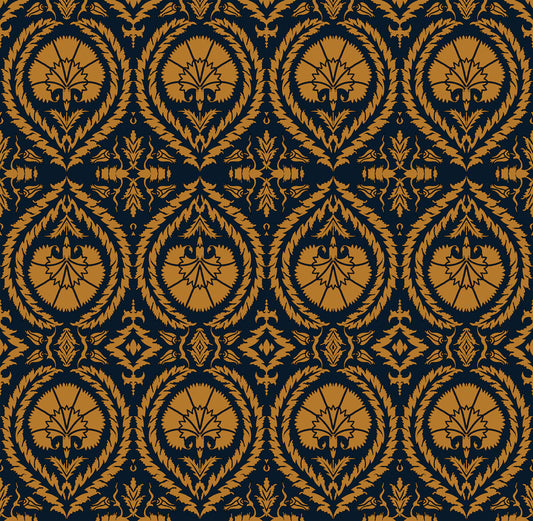 Wallpaper Acanthus And Wreath Ochre On Blue - £37.50 per sq metre