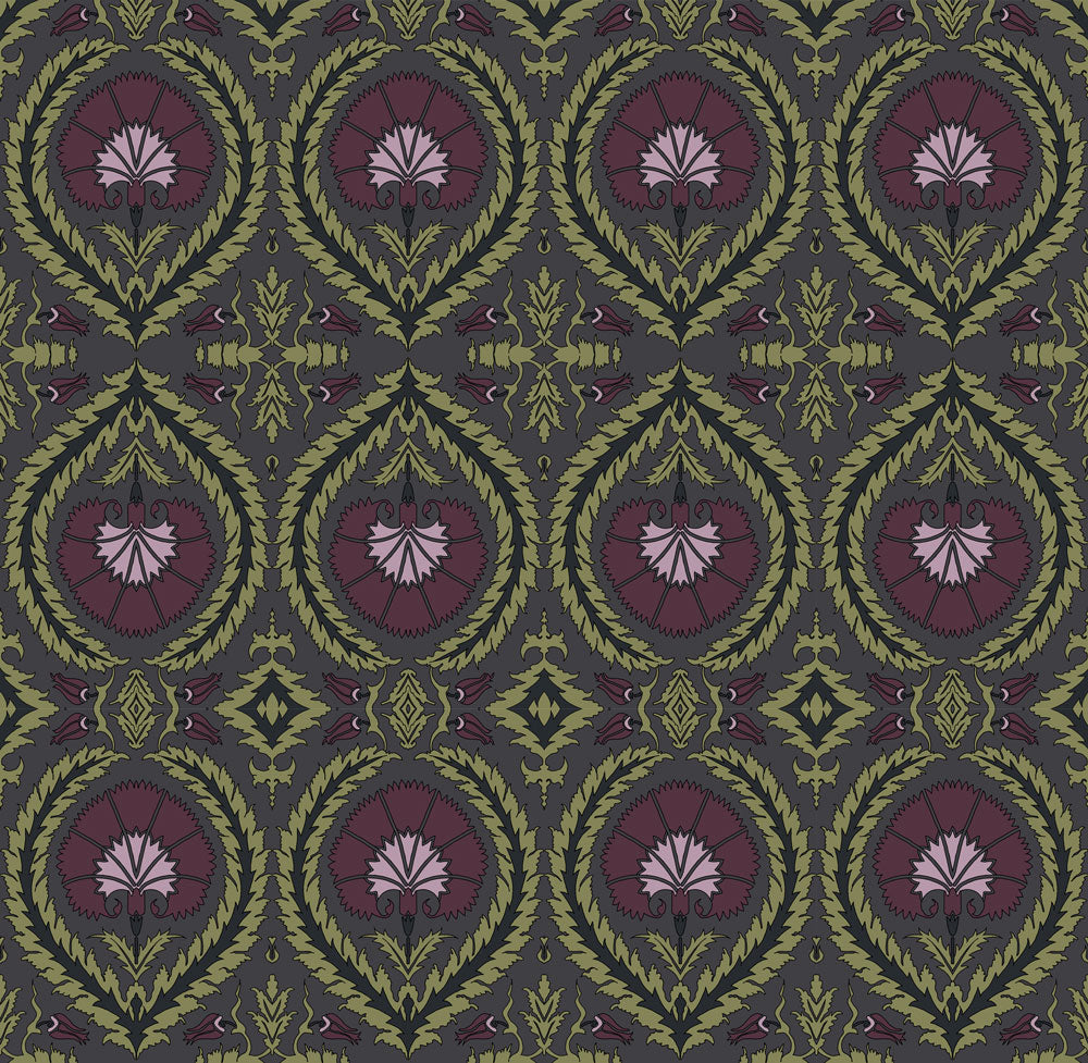 Wallpaper Acanthus and Wreath Grape and Green on Coffee - £37.50 per sq metre