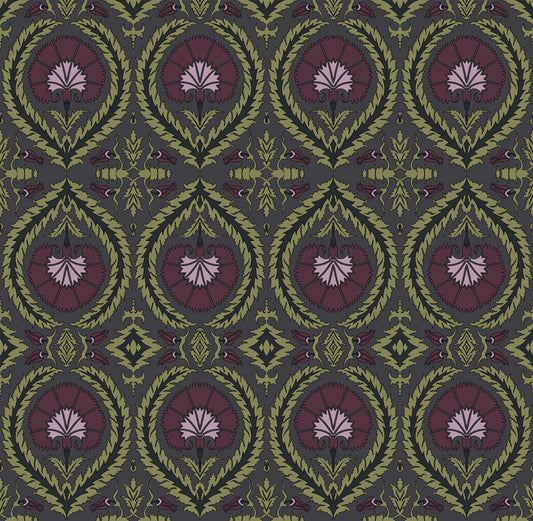 Wallpaper Acanthus and Wreath Grape and Green on Coffee - £37.50 per sq metre