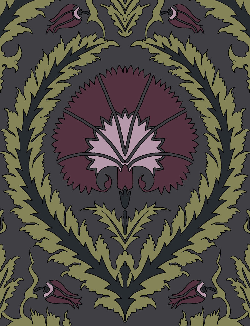 Wallpaper Acanthus and Wreath Grape and Green on Coffee - £37.50 per sq metre