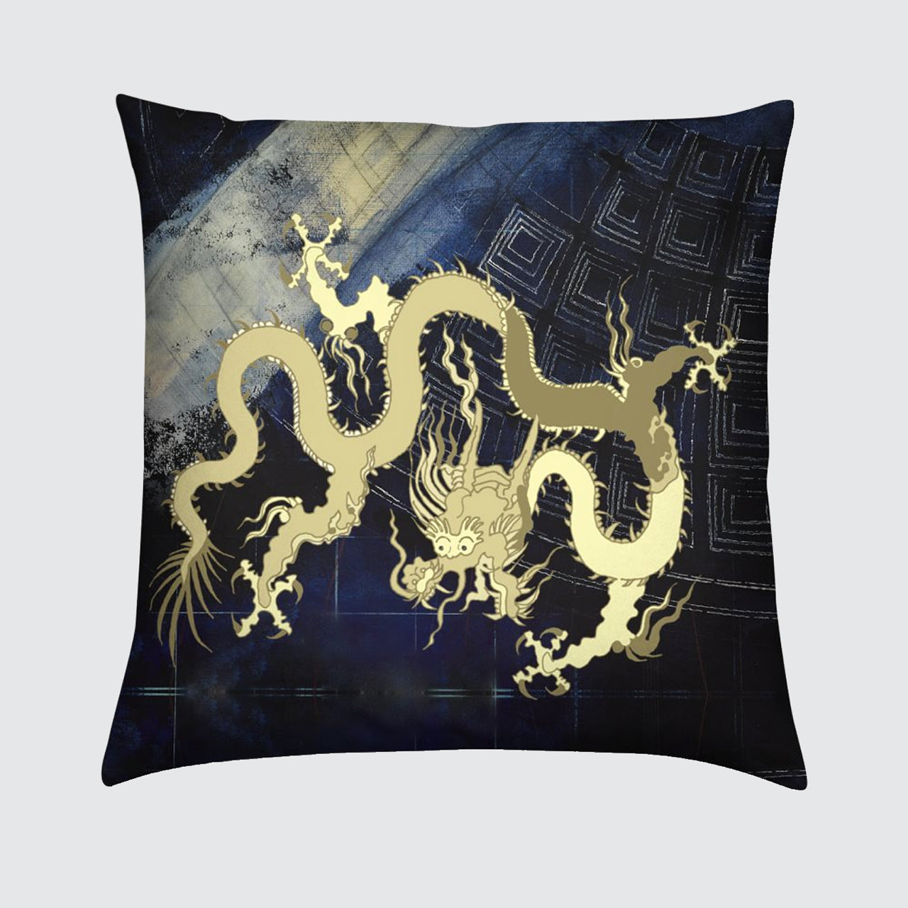 Velvet Cushion - Golden Dragon on Blue Pantheon