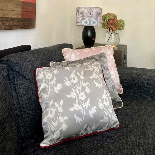 Silk Cushion - White Foliage On Grey