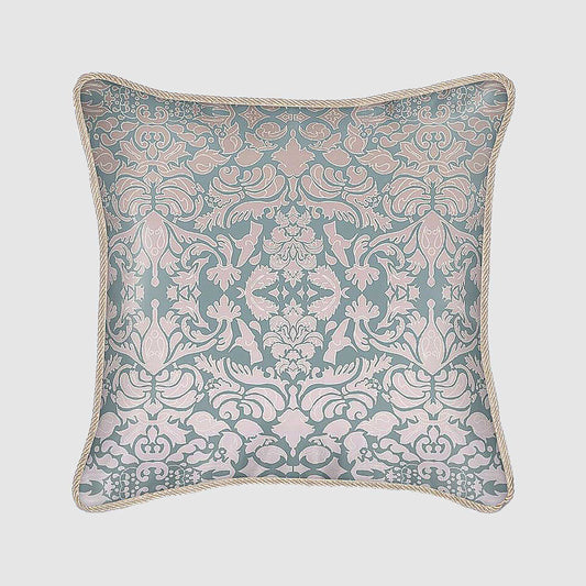 Silk Cushion - Hummingbird Damask Design In Pink And Sage Green
