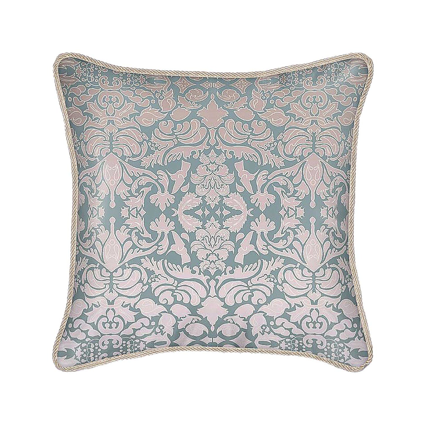 Silk Cushion - Hummingbird Damask Design In Pink And Sage Green