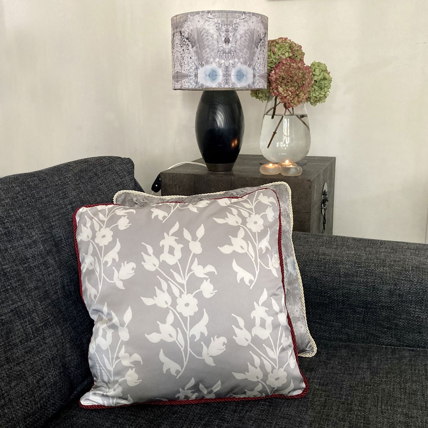 Silk Cushion - White Foliage On Grey