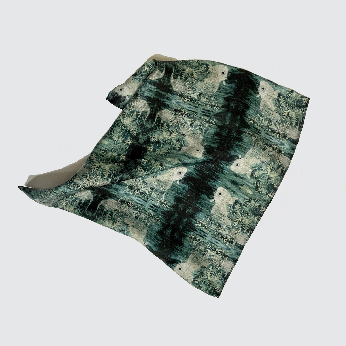 Silk Pocket Square - Green With Koi Design - Machined Hem
