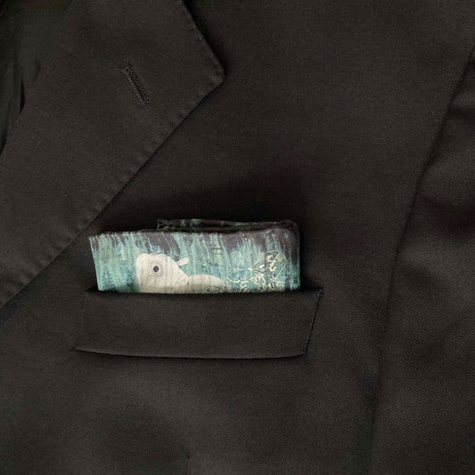 Silk Pocket Square - Green With Koi Design - Machined Hem