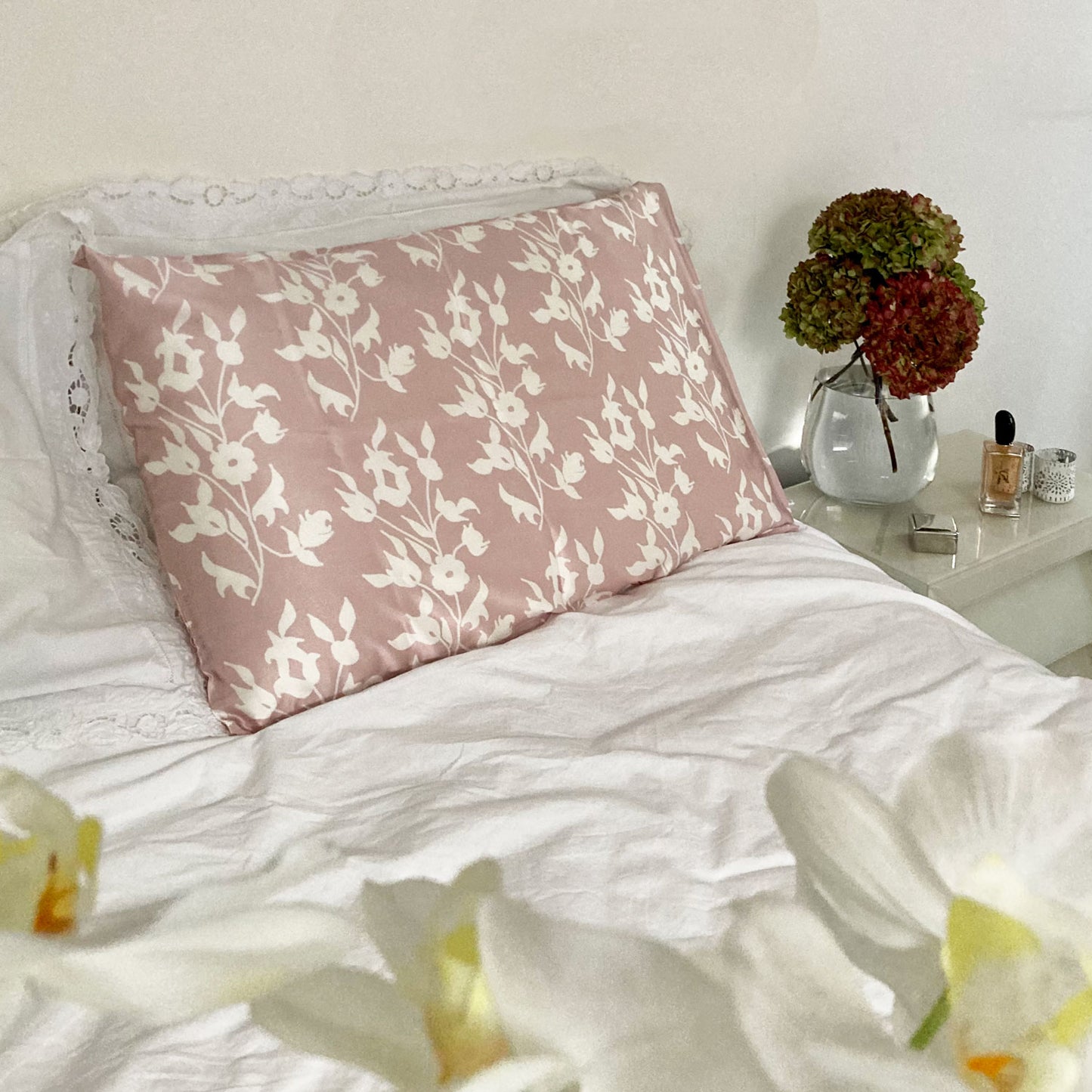 Silk Pillowcase - Pink With White Foliage