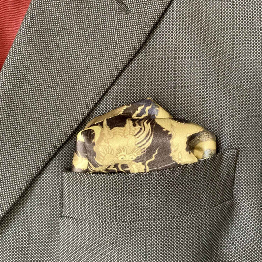 Silk Pocket Square - Golden Dragon On Blue - Machined Hem