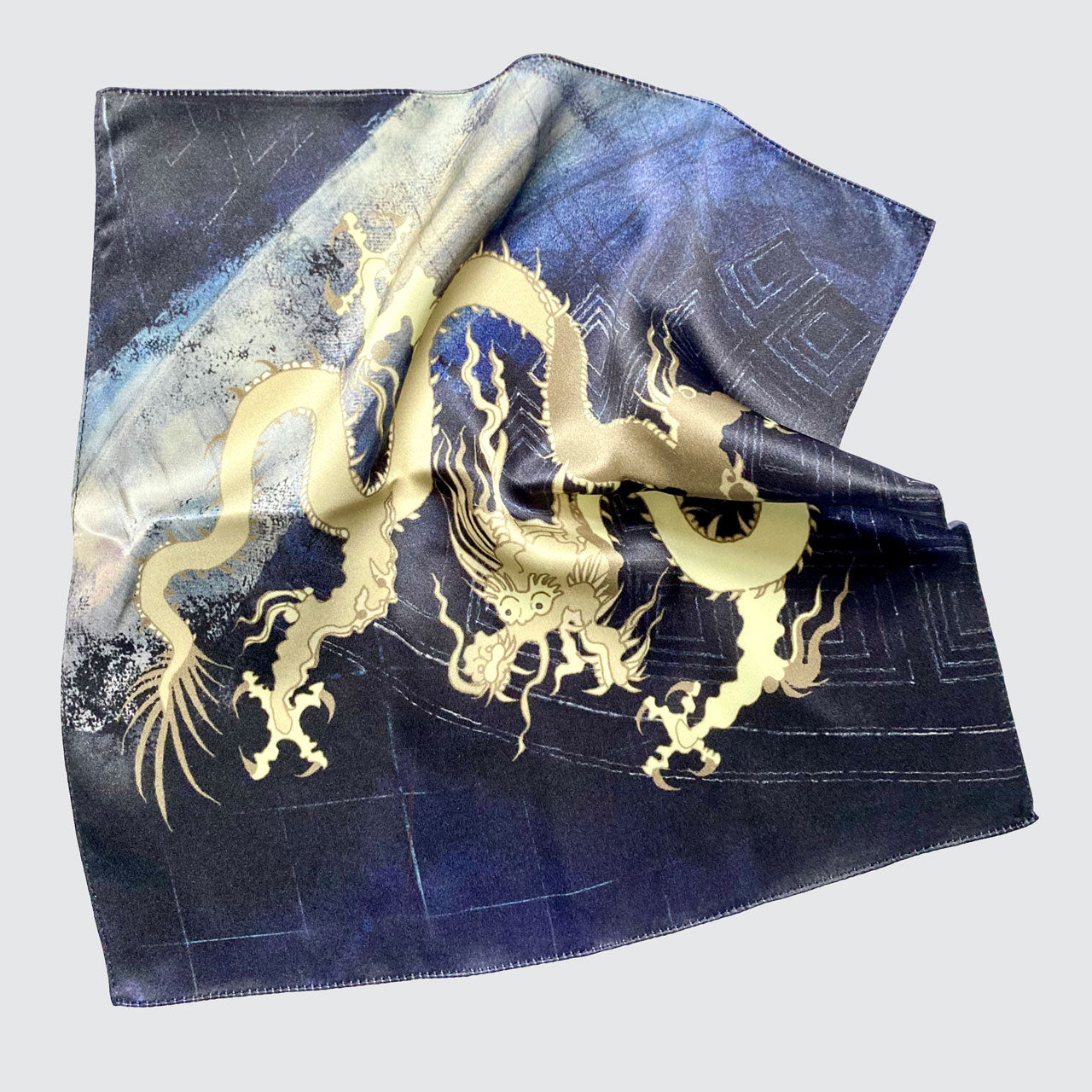 Silk Pocket Square - Golden Dragon On Blue - Machined Hem