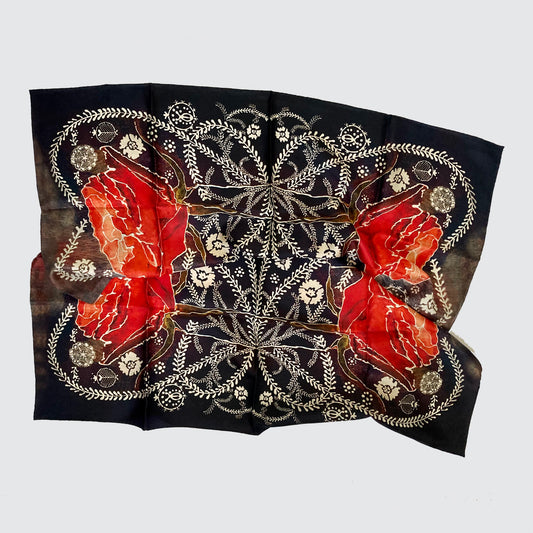 Silk Scarf With Roses And Foliage - Hand-Rolled Hems