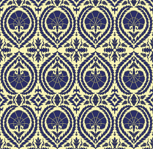 Wallpaper Acanthus and Wreath Blue On Yellow - £37.50 per sq metre