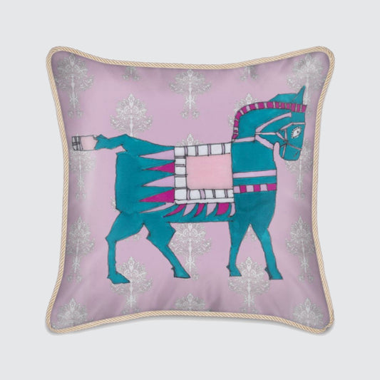 Silk Cushion Pink With Turquoise Horse