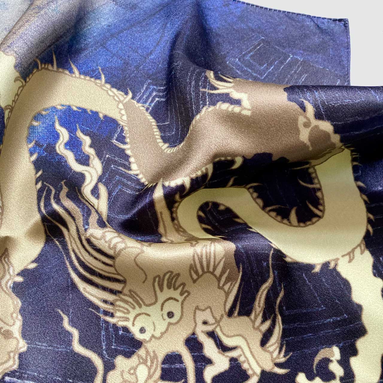 Silk Pocket Square - Golden Dragon On Blue - Machined Hem