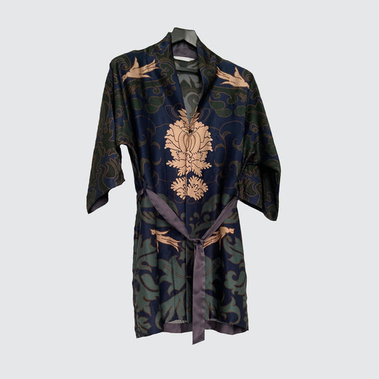 Kimono Silk Robe - Blue and Green Damask